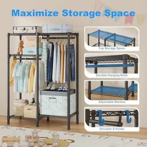 Ulif F1 Garment Rack for Kids, Baby, Students, and Children's Room, 4 Tiers Freestanding and Portable Heavy Duty Closets, Small Metal Clothes Rack with 2 Hanging Rod, 31.2" W x 11.8" D x 48" H, Black - Image 5