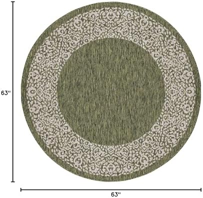 Unique Loom Outdoor Border Collection Area Rug - Floral Border (5' 3" Round, Green/ Ivory) - Image 2