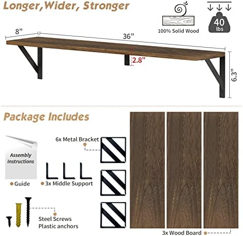 Forbena Floating Book Shelves for Wall Set of 3, 36 Inches Long Wall Bookshelf for Bedroom, Large Wood Heavy Duty Hanging Bookshelves for Books, Living Room Decor, Closet Storage (Rustic Brown) - Image 2