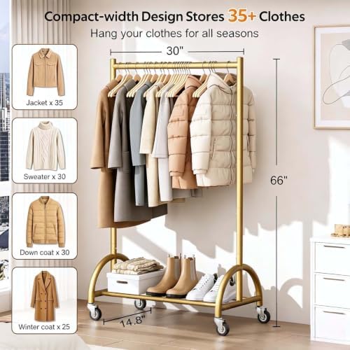 MISSLO Heavy Duty Clothing Rack with Wheels Rolling Clothes Racks for Hanging Clothes, Coats, Garment, Dress, Gold, 30" W - Image 3