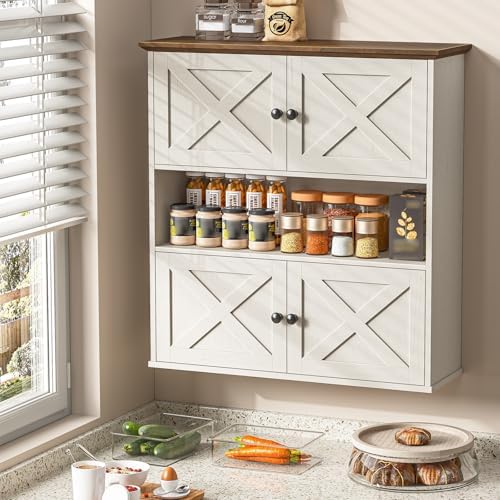 Vabches Bathroom Wall Cabinet, Farmhouse Medicine Cabinet with 4 Barn Doors, Large Wooden Vintage Storage Cabinet Wall Mounted for Bathroom, Kitchen, Rustic White - Image 3