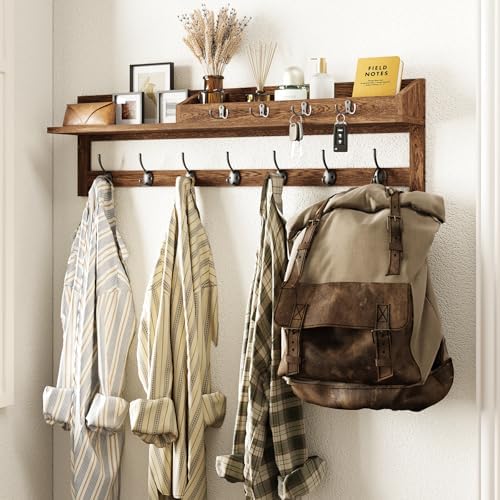 AMBIRD Coat Rack Wall Mount, 35 inch Large Wall Hooks with Shelf, Entryway Shelf with 7 Dual Coat Hooks 4 Key Hooks Mail Organizer, Wooden Coat Hanger and Key Holder Wall Mount - Image 7