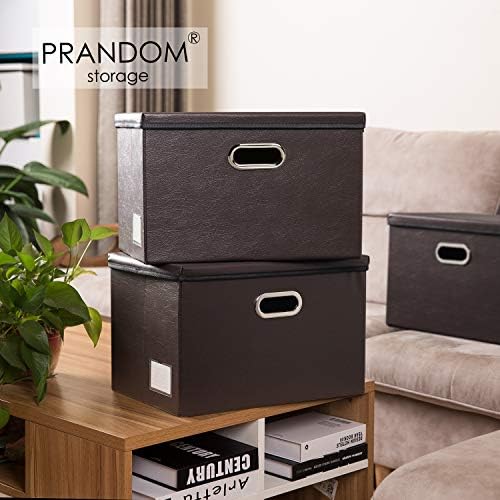 PRANDOM Large Foldable Storage Bins with Lids [3-Pack] Leather Fabric Collapsible Storage Boxes Organizer Containers Baskets Cube with Cover for Home Bedroom Closet Office Brown(17.7x11.8x11.8) - Image 2