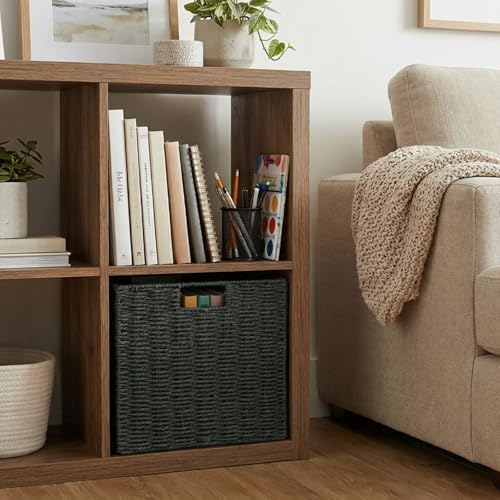 Set of 2 Hand-Woven Paper Rope Wicker Baskets, Storage Basket, Foldable Cube Storage Bins, Green Storage Cubes, Square Baskets for Organizing Shelves, 12x12x12in - Image 6