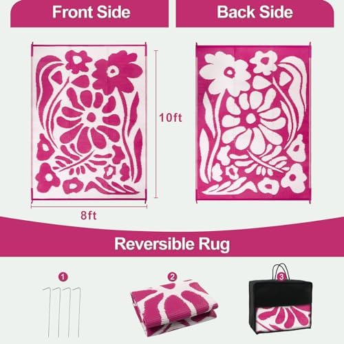 Wonnitar Outdoor Rugs 8x10,Plastic Outdoor Waterproof Patio Rugs Clearance,Reversible Large Outside RV Camping Mat,Portable Abstract Plant Lightweight Carpet for Backyard Deck Park (Pink, 8'x10') - Image 2