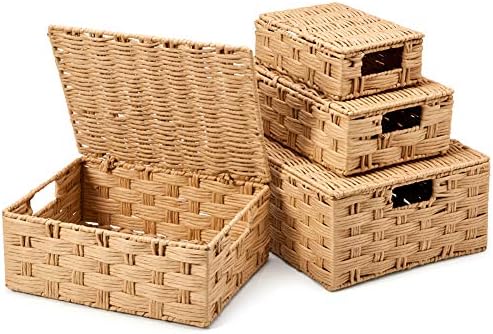EZOWare Set of 4 Woven Wicker Stackable Storage Basket with Lid, Decorative Paper Rope Organizer Nesting Bin with Handles for Kids Baby Closets, Room Decor, Gift Baskets Empty - 4 Sizes, Beige - Image 6