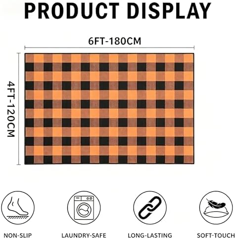 MUBIN Fall Decor Cotton Buffalo Plaid Rug, 4' x 6' Orange Black Outdoor Rug Decorative Mat, Washable Large Halloween Doormat Foldable Area Rug for Outdoor Patio Indoor Living Room Dining Room Kitchen - Image 2
