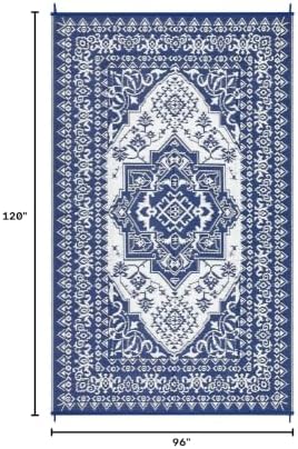 Reversible Mat 8x10 Plastic Straw Rug Outdoor Rug Medallion Area Rug Waterproof Patio Rug Outdoor Camping Rug for RV Porch Deck Camper Balcony Backyard Easy Cleaning Picnic Mat Dark Blue - Image 2