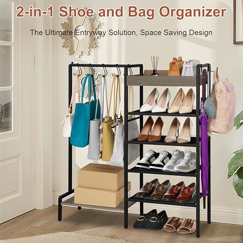 Shoe Rack for Entryway, 2-in-1 Shoe and Purse Rack, 5-Tier, Black - Image 3