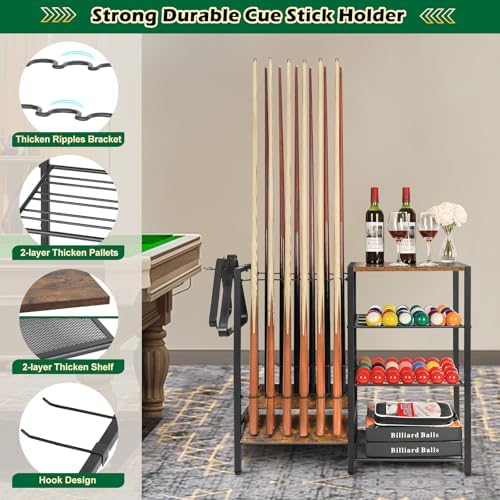 Pool Stick Holder Rack Stand for 12 Cue Sticks -Large Billiards Game Room Storage with Organizer for Balls, Triangle,Pool Table Accessories - Heavy Duty Cue Stick Holder Floor Stand for Home or Bar - Image 4