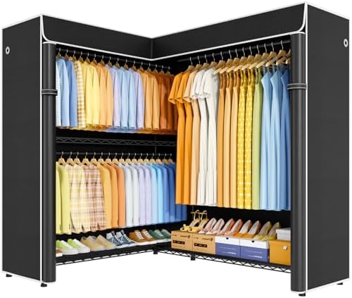 ULIFHOME E15C Max Garment Rack L Shaped Clothes Rack for Corner，Freestanding Clothing Racks for Hanging Clothes，Heavy Duty Closet System 57"W x 15.8"D x 78.4"H，Black Rack with Black Dustproof Cover - Image 2
