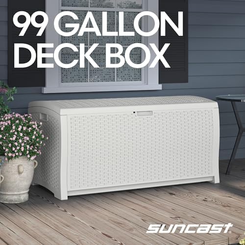Suncast 99 Gallon Wicker Horizontal Outdoor Deck Box with Hinged Lid, Water-Resistant Storage Solution for Patio, Deck, Yard, and Garage, White, Made in the USA - Image 3