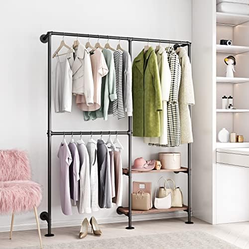 Industrial Pipe Clothes Racks with Black Shelves, Industrial Pipe Black Clothing Rack with Double Hanging Rods, Heavy Duty Wall Mounted Clothing Rack Rod for Closet Storage, Bedroom - Image 2