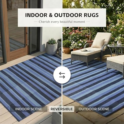 wikiwiki 9x18ft Outdoor Rug, Reversible Plastic Patio Rug Waterproof, Indoor Outdoor Carpet Clearance, Large Area Carpet for Patio Deck Balcony Pool RV Camping Beach Picnic, Black & Blue - Image 4