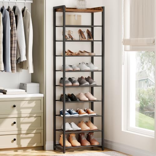 HOOBRO 10 Tier Shoe Rack, Large Capacity Shoe Storage for 18-20 Pairs, Sturdy Metal Shoe Shelf for Closet Entryway, Space Saving Shoe Organizer for Sneakers Heels, Rustic Brown BF40XJ01 - Image 4