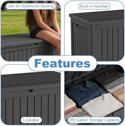 Outdoor Waterproof Resin Storage Deck Box Lockable Outside Bench UV Resistant Bin Patio Porch Furniture Pool Float Garden Tool Cushion (Black, 280 Gallon) - Image 3