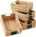 Casafield Set of 4 Water Hyacinth Pantry Baskets, 10" x 13" x 5", with Chalkboard Labels and Chalk Marker - Natural, Woven Storage Bin Organizers for Kitchen Shelves by Casafield