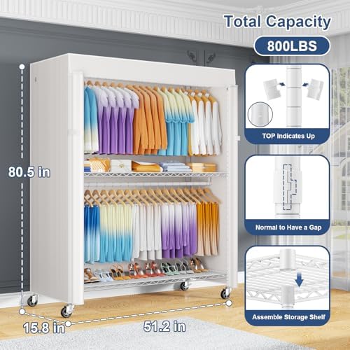 ULIFHOME P8C Max Heavy Duty Clothes Rack（With Extended Width Design） Rolling Clothing Racks for Hanging Clothes with Lockable Wheels，51.2"W x 15.8"D x 80.5"H，Load 800LBS，White Rack with White Cover - Image 2
