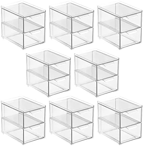 mDesign Stackable Storage Containers Box with 2 Pull-Out Drawers - Stacking Plastic Drawer Bins for Master or Guest Bathroom, Linen Closet, Vanity, or Makeup Table - Lumiere Collection - 8 Pack, Clear by mDesign