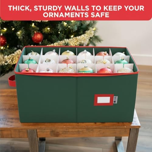 Christmas Ornament Storage Container with Dividers - Box Stores Up to 54 Ornaments, Zippered, Convenient, Adjustable, Large Organizer Bin to Protect Holiday Décor, Fits Most Standard Size, Green - Image 4