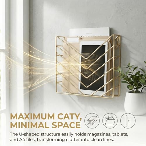 Gold File Organizer, Metal Wall Mounted Magazine Rack, Wall Mounted Magzine Holders for Office, Bathroom (4P Gold) - Image 5