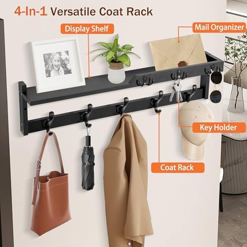 29'' Coat Rack Wall Mount with Shelf, Coat Hanger Wall Mount with Key Hooks and Mail Holder, Wood Entryway Floating Shelf with Hooks and Storage, Hat Rack for Wall Key Holder Mail Organizer - Image 2