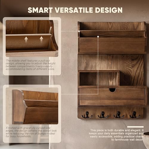 Rebee Vision Pine Wood Key Holder Wall Mount with Drawer & 4 Hooks, Brown - Image 3