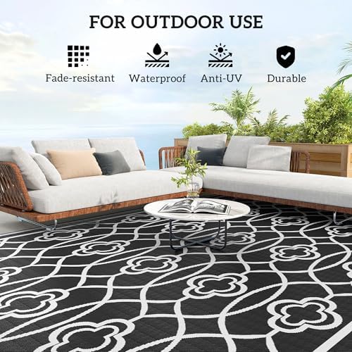Outsunny Outdoor Rug for Patio Waterproof 9' x 18' Black & White Lantern - Image 6