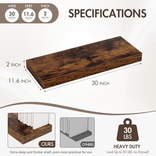 Acovy 30 Inch Floating Shelves, 12" Deep Floating Shelf Wall Mounted, 30" Wall Shelves, Rustic Deep Bookshelf, Extra Deeper & Thicker Display Shelves for Bedroom, Living Room, Brown, Set of 2 - Image 4