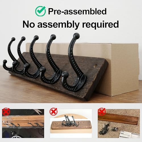 WEBI Rustic Coat Rack Wall Mount,5 Cast Iron Coat Hooks Wall Mounted,Heavy Duty Wood Wall Coat Hanger Hooks for Hanging Coats,Jacket,Clothes,Backpack,Farmhouse,Weathered Brown,2 Packs - Image 6