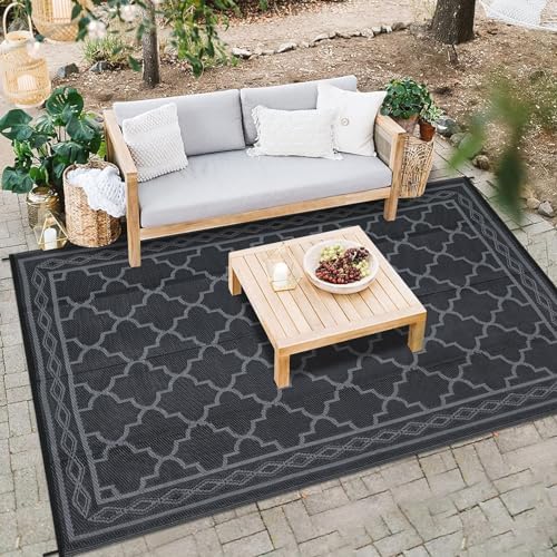 Outdoor Plastic Straw Rug 9x18 Large Floor Mat Vintage Trellis Waterproof Rug for Patio Reversible Outdoor Rugs for RV Beach Patio Camping Backyard Deck Picnic Black Grey - Image 3