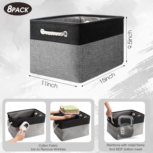 meekoo 8 Pack Fabric Storage Bins Baskets, 15 x 11 x 9.5 in, Black Gray - Image 2