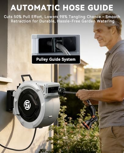SUNPOW Retractable Garden Hose Reel - 5/8in x 65ft Heavy Duty Wall Mounted Hose Reel with 3/4in Brass Fitting & 10 Function Nozzle - Any Length Lock, Auto Rewind System, 180°Swivel Bracket - Gray - Image 6