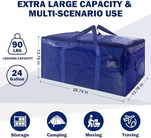 16 Pack Extra Heavy Duty Large Moving Bags with Strong Zipper & Carrying Handles, Sturdy Clothes Storage Bag Totes Bins, Packing Bags Moving Boxes College Moving Supplies, Dark Blue - 24 gal - Image 2