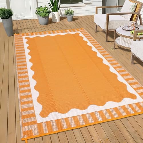 Garvee Scalloped Waterproof Outdoor Rug 9x18 Outdoor Patio Rug, Orange by Garvee