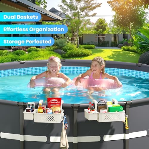 AquaJoyer 2 Sets of Poolside Storage Baskets with Cup Holders - Perfect for 3-Inch or Smaller Top Rails - Above Ground Pool Accessories - Fit for Most Above Ground Pool（Beige） - Image 5