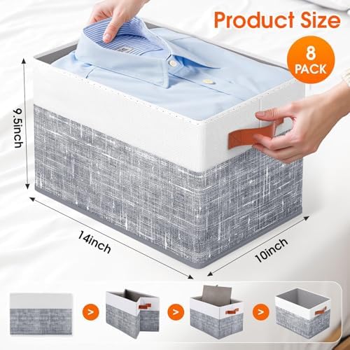 Fab totes Collapsible Storage Baskets for Shelves,14"x10", 8 Pack Foldable Fabric Storage Bins with Double Leather Handles, Large Baskets for Organizing Books, Clothes, White & Grey - Image 2