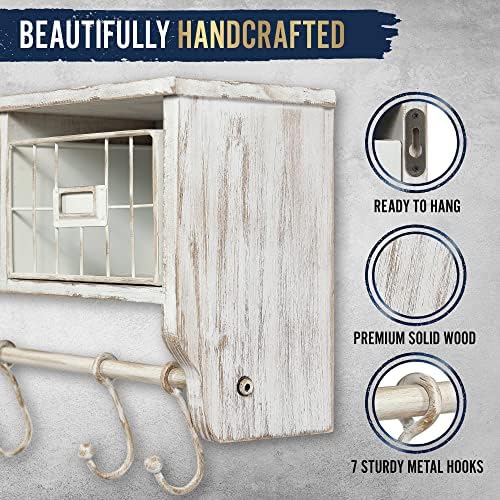 HBCY Creations Wall Mounted Shelf with Coat Hooks and Baskets, Solid Wood Entryway Organizer Wall Shelf with Hooks - Hang Coats, Keys or Coffee Mugs, Rustic Whitewashed 24" Wide - Image 5