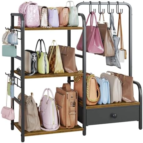 Purse Organizer for Closet, with Bottom Drawer, Extra Large Capacity 3 Tier Handbag Storage Rack for Women, 10 Purse Hanger and Hooks for Bag Organizer, Floor-Standing, Home, Living Room (Black) by Nuoex