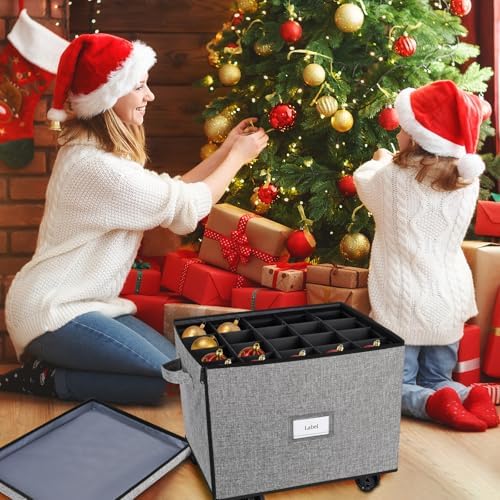 Lukeline Christmas Ornament Storage Box with Wheels, Stackable Christmas Ornament Organizer with 3 Drawer Trays, Openable Ornament Organizer for Storing Decorations, Portable Christmas Ball Box - Image 5