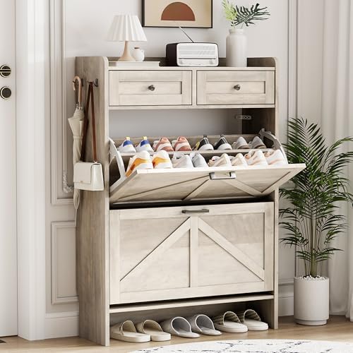 Shoe Cabinet with 2 Flip Drawers & 2 Top Drawers, 43" Tall Freestanding Narrow Wooden Shoe Storage Organizer for Entryway, Hidden Slim Shoe Rack for Front Door Entrance, Hallway, Living Room, Grey by Xixini