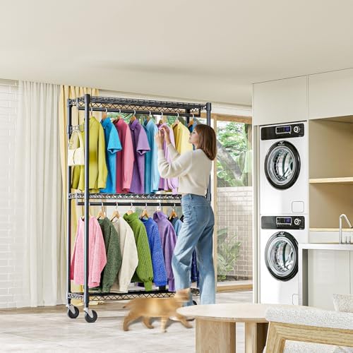 M MZG Heavy Duty Rolling Garment Rack 3 Tiers Adjustable Wire Shelving Clothes Rack with 2 Rods and Side Hooks,Storage Closet Clothing Rack with Wheels Black 15.7" D x 45.3" W x 79.6" H - Image 6