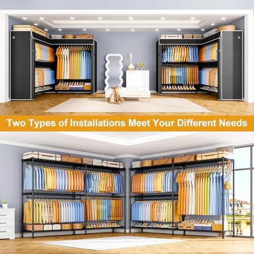 ULIFHOME E15C Max Garment Rack L Shaped Clothes Rack for Corner，Freestanding Clothing Racks for Hanging Clothes，Heavy Duty Closet System 57"W x 15.8"D x 78.4"H，Black Rack with Black Dustproof Cover - Image 5