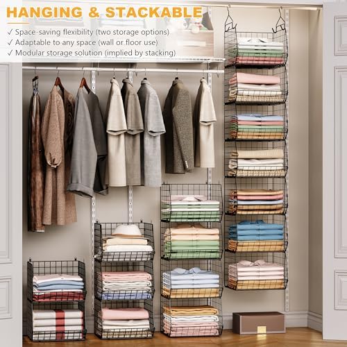 X-cosrack 7 Tier Foldable Hanging Closet Organizer and Storage,Wire Closet Shelving with 4 Large Hooks+ 5 S Hooks,Hanging Basket for Clothes Sweaters Shoes Handbags,Small Closet Organizers - Image 6
