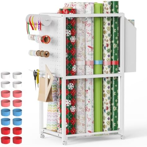 Wrapping Paper Organizer with Wheels, Metal Gift Wrap Storage Cart, Vertical Craft Organizer with 16 Slap Bands for Wrapping Paper Rolls, Wrapping Supplies Storage by Olgsibb