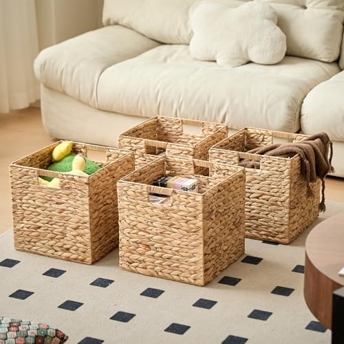 Handwoven Water Hyacinth Storage Baskets set of 4 Foldable Cube Bins Storage Oragnizer for Cabinet Shelf Bedroom Living Room (Natural, 13" L x 13" W x 13" H) - Image 5