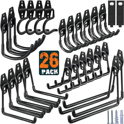 HUPBIPY 26 Pack Garage Hooks Heavy Duty Utility Steel with Anti-Slip Coating Wall Mount Storage Organizer for Hanging Power and Garden Tools, Ladders, Hose, Bikes, Ropes, Bulk Items, and More by HUPBIPY