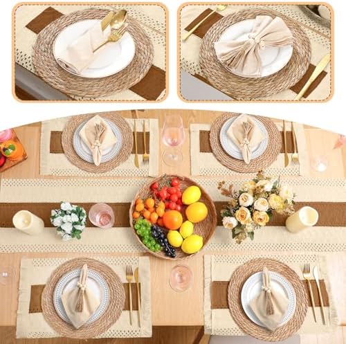 4 Sets Boho Placemat Table Runner Napkin Rings, Caramel, 12x72 - Image 6