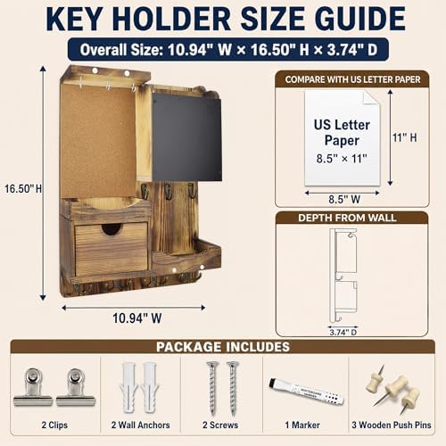 Key Holder Wall Mount with Drawer and Mail Organizer, Natural Wood - Image 2
