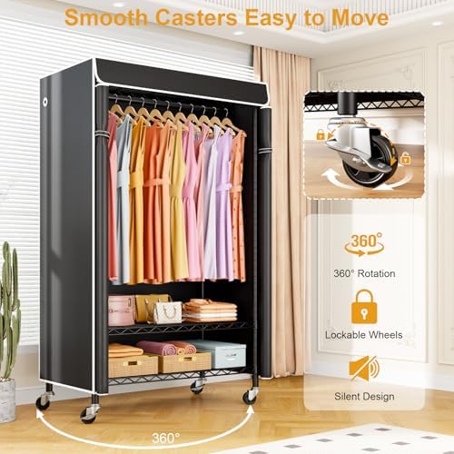 ULIFHOME P6C Rolling Clothes Rack with Cover, 3-Tier Covered Clothing Rack - Image 4